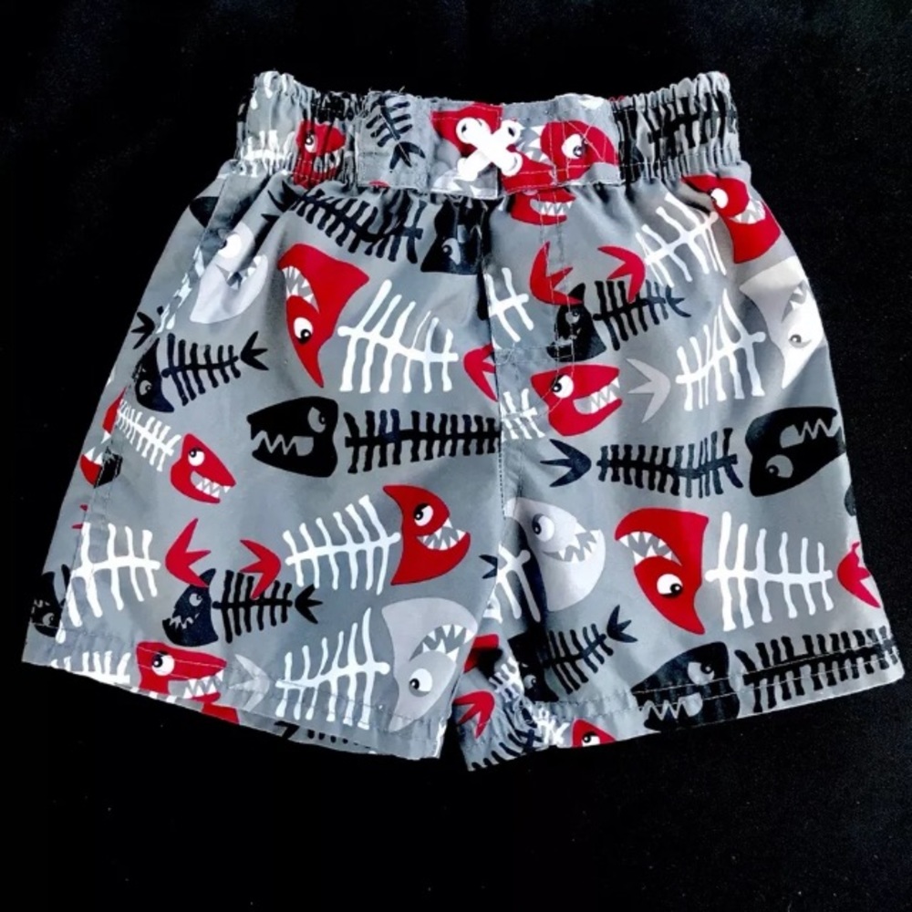 Toddler swim shorts red black fish bones 18 m